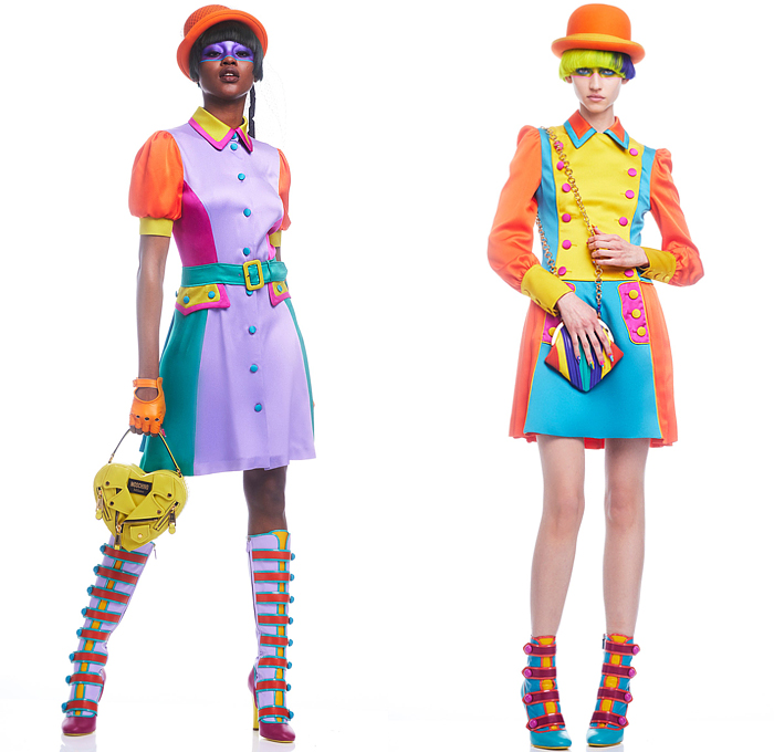 Moschino 2022 Pre-Fall Autumn Womens Lookbook Presentation - Colorblock Marching Band Drum Corps Military Blazer Coat Pantsuit Motorcycle Biker Jacket Poufy Shoulders Dress Shirtdress Shorts Miniskirt Accordion Pleats Stripes Corset Bustier Coins Cubes Prisms Zigzag Topography Swirls Sheer Tulle Halterneck Handbag Snakeskin Boots Opera Gloves Bowler's Hat Hobo Heart Bag Helmet Equestrian Mask