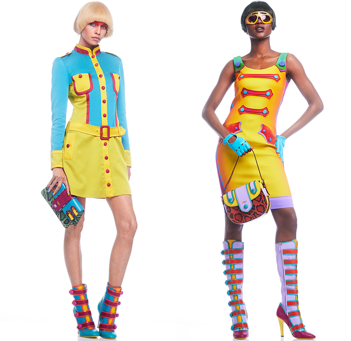 Moschino 2022 Pre-Fall Autumn Womens Lookbook Presentation - Colorblock Marching Band Drum Corps Military Blazer Coat Pantsuit Motorcycle Biker Jacket Poufy Shoulders Dress Shirtdress Shorts Miniskirt Accordion Pleats Stripes Corset Bustier Coins Cubes Prisms Zigzag Topography Swirls Sheer Tulle Halterneck Handbag Snakeskin Boots Opera Gloves Bowler's Hat Hobo Heart Bag Helmet Equestrian Mask