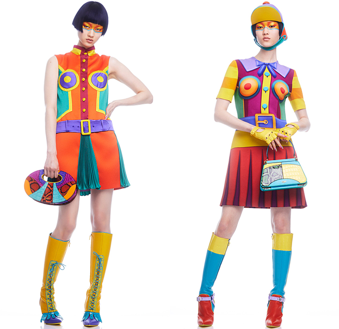 Moschino 2022 Pre-Fall Autumn Womens Lookbook Presentation - Colorblock Marching Band Drum Corps Military Blazer Coat Pantsuit Motorcycle Biker Jacket Poufy Shoulders Dress Shirtdress Shorts Miniskirt Accordion Pleats Stripes Corset Bustier Coins Cubes Prisms Zigzag Topography Swirls Sheer Tulle Halterneck Handbag Snakeskin Boots Opera Gloves Bowler's Hat Hobo Heart Bag Helmet Equestrian Mask