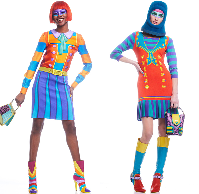 Moschino 2022 Pre-Fall Autumn Womens Lookbook Presentation - Colorblock Marching Band Drum Corps Military Blazer Coat Pantsuit Motorcycle Biker Jacket Poufy Shoulders Dress Shirtdress Shorts Miniskirt Accordion Pleats Stripes Corset Bustier Coins Cubes Prisms Zigzag Topography Swirls Sheer Tulle Halterneck Handbag Snakeskin Boots Opera Gloves Bowler's Hat Hobo Heart Bag Helmet Equestrian Mask