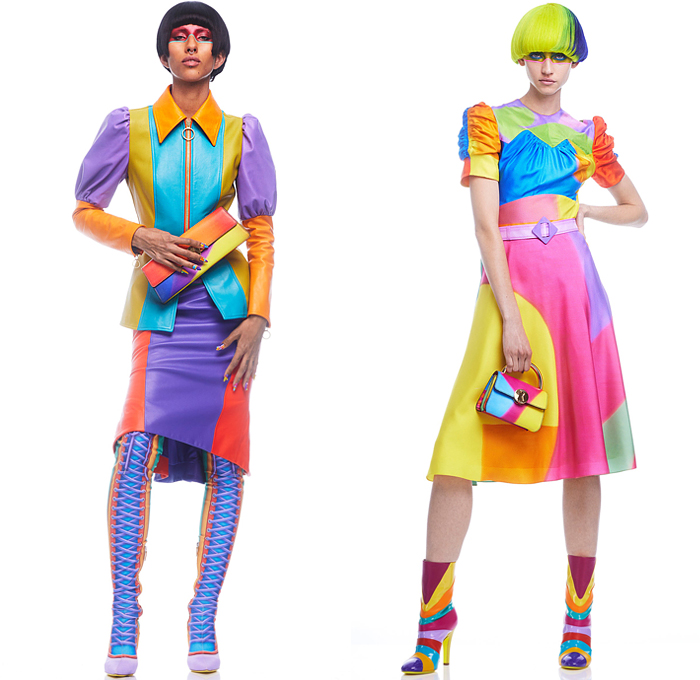 Moschino 2022 Pre-Fall Autumn Womens Lookbook Presentation - Colorblock Marching Band Drum Corps Military Blazer Coat Pantsuit Motorcycle Biker Jacket Poufy Shoulders Dress Shirtdress Shorts Miniskirt Accordion Pleats Stripes Corset Bustier Coins Cubes Prisms Zigzag Topography Swirls Sheer Tulle Halterneck Handbag Snakeskin Boots Opera Gloves Bowler's Hat Hobo Heart Bag Helmet Equestrian Mask