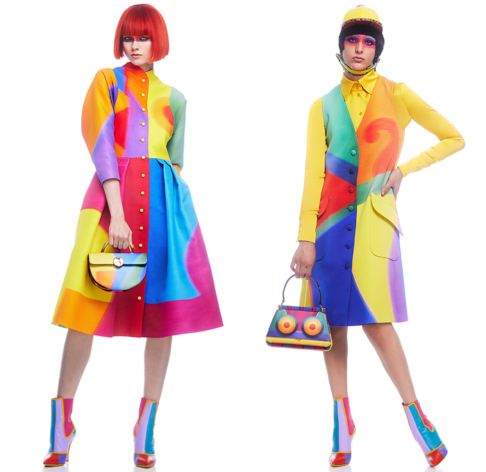 Moschino 2022 Pre-Fall Autumn Womens Lookbook Presentation - Colorblock Marching Band Drum Corps Military Blazer Coat Pantsuit Motorcycle Biker Jacket Poufy Shoulders Dress Shirtdress Shorts Miniskirt Accordion Pleats Stripes Corset Bustier Coins Cubes Prisms Zigzag Topography Swirls Sheer Tulle Halterneck Handbag Snakeskin Boots Opera Gloves Bowler's Hat Hobo Heart Bag Helmet Equestrian Mask