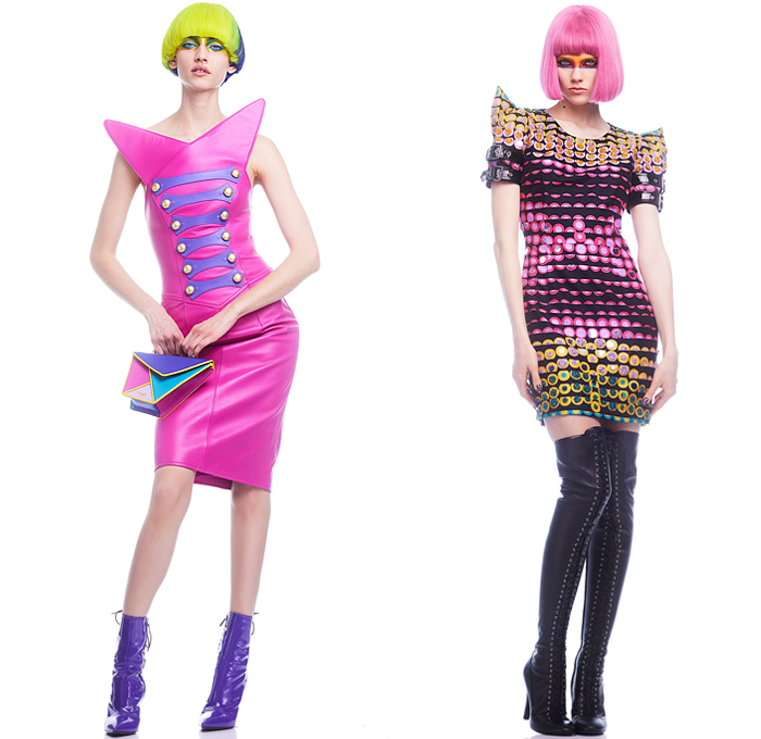 Moschino 2022 Pre-Fall Autumn Womens Lookbook Presentation - Colorblock Marching Band Drum Corps Military Blazer Coat Pantsuit Motorcycle Biker Jacket Poufy Shoulders Dress Shirtdress Shorts Miniskirt Accordion Pleats Stripes Corset Bustier Coins Cubes Prisms Zigzag Topography Swirls Sheer Tulle Halterneck Handbag Snakeskin Boots Opera Gloves Bowler's Hat Hobo Heart Bag Helmet Equestrian Mask