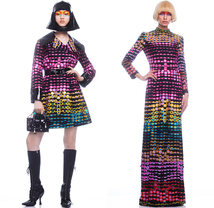 Moschino 2022 Pre-Fall Autumn Womens Lookbook Presentation - Colorblock Marching Band Drum Corps Military Blazer Coat Pantsuit Motorcycle Biker Jacket Poufy Shoulders Dress Shirtdress Shorts Miniskirt Accordion Pleats Stripes Corset Bustier Coins Cubes Prisms Zigzag Topography Swirls Sheer Tulle Halterneck Handbag Snakeskin Boots Opera Gloves Bowler's Hat Hobo Heart Bag Helmet Equestrian Mask