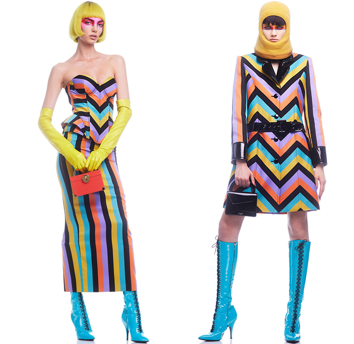 Moschino 2022 Pre-Fall Autumn Womens Lookbook Presentation - Colorblock Marching Band Drum Corps Military Blazer Coat Pantsuit Motorcycle Biker Jacket Poufy Shoulders Dress Shirtdress Shorts Miniskirt Accordion Pleats Stripes Corset Bustier Coins Cubes Prisms Zigzag Topography Swirls Sheer Tulle Halterneck Handbag Snakeskin Boots Opera Gloves Bowler's Hat Hobo Heart Bag Helmet Equestrian Mask