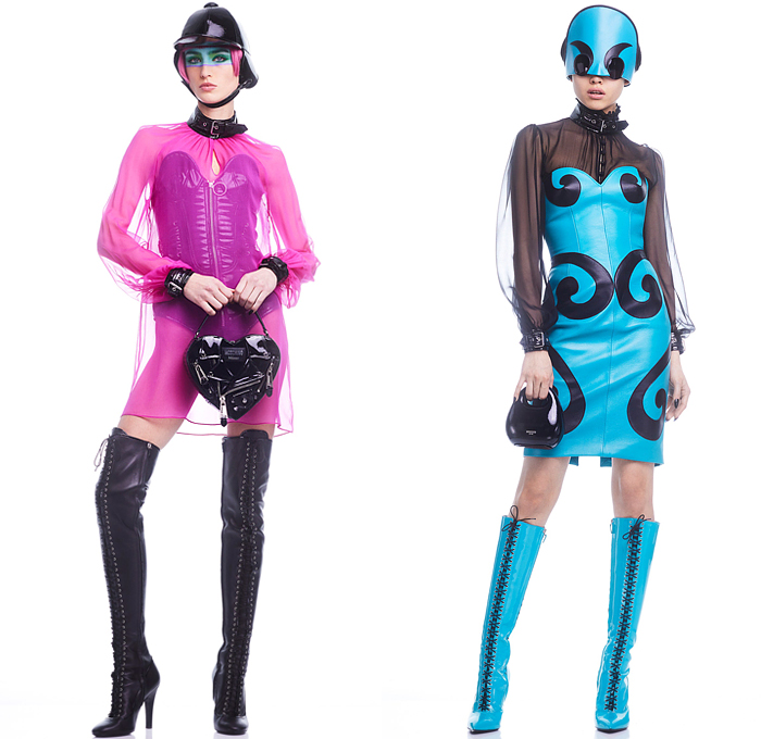 Moschino 2022 Pre-Fall Autumn Womens Lookbook Presentation - Colorblock Marching Band Drum Corps Military Blazer Coat Pantsuit Motorcycle Biker Jacket Poufy Shoulders Dress Shirtdress Shorts Miniskirt Accordion Pleats Stripes Corset Bustier Coins Cubes Prisms Zigzag Topography Swirls Sheer Tulle Halterneck Handbag Snakeskin Boots Opera Gloves Bowler's Hat Hobo Heart Bag Helmet Equestrian Mask