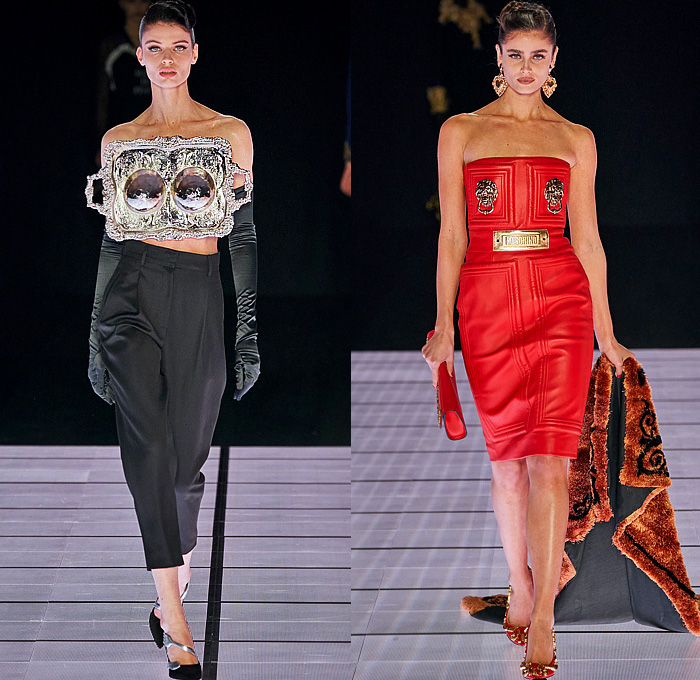 Moschino 2022-2023 Fall Autumn Winter Womens Runway Looks - Milan Fashion Week Italy - Victorian Furniture Dresser Grandfather Clock Frame Persian Rug Carpet Cage Vase Harp Utensils Silver Platter Door Drawer Faucet Handles Keys Keyhole Candlestick Chandelier Curtain Upholstery Sofa Shoji Screen Vines Strapless Gown Pencil Skirt Coat Velvet Jumpsuit Pantsuit Tiered Ruffles Ribbons Crystals Poufy Shoulders Wide Leg Bralette Bicycle Shorts Cape Fringes Flowers Floral Handbag Heels Boots