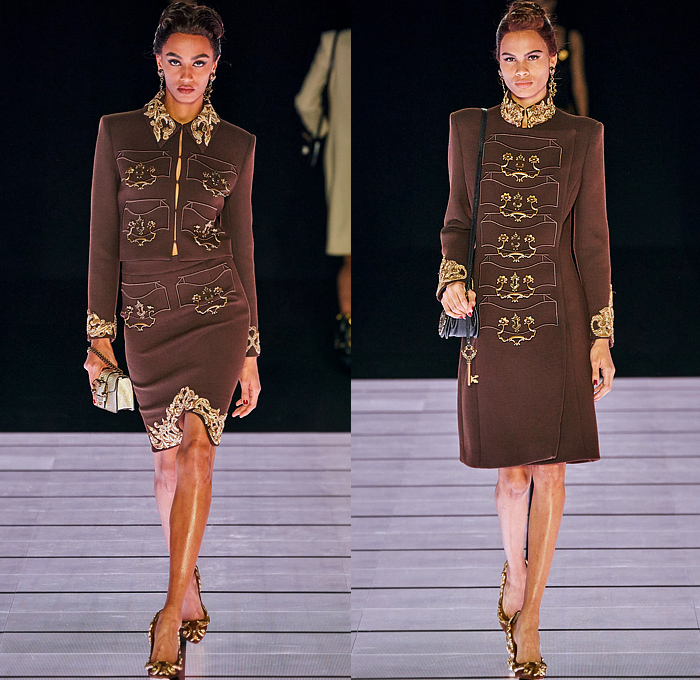 Moschino 2022-2023 Fall Autumn Winter Womens Runway Looks - Milan Fashion Week Italy - Victorian Furniture Dresser Grandfather Clock Frame Persian Rug Carpet Cage Vase Harp Utensils Silver Platter Door Drawer Faucet Handles Keys Keyhole Candlestick Chandelier Curtain Upholstery Sofa Shoji Screen Vines Strapless Gown Pencil Skirt Coat Velvet Jumpsuit Pantsuit Tiered Ruffles Ribbons Crystals Poufy Shoulders Wide Leg Bralette Bicycle Shorts Cape Fringes Flowers Floral Handbag Heels Boots