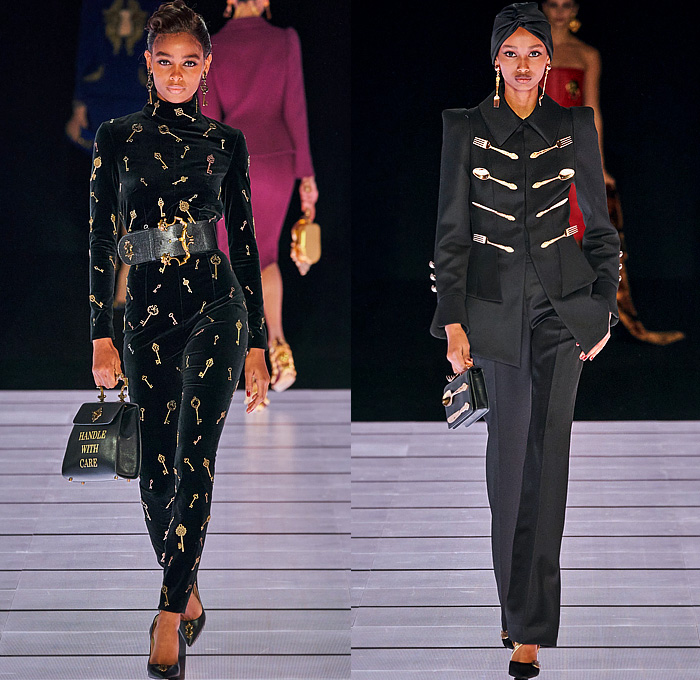 Moschino 2022-2023 Fall Autumn Winter Womens Runway Looks - Milan Fashion Week Italy - Victorian Furniture Dresser Grandfather Clock Frame Persian Rug Carpet Cage Vase Harp Utensils Silver Platter Door Drawer Faucet Handles Keys Keyhole Candlestick Chandelier Curtain Upholstery Sofa Shoji Screen Vines Strapless Gown Pencil Skirt Coat Velvet Jumpsuit Pantsuit Tiered Ruffles Ribbons Crystals Poufy Shoulders Wide Leg Bralette Bicycle Shorts Cape Fringes Flowers Floral Handbag Heels Boots