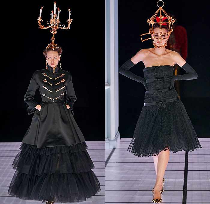 Moschino 2022-2023 Fall Autumn Winter Womens Runway Looks - Milan Fashion Week Italy - Victorian Furniture Dresser Grandfather Clock Frame Persian Rug Carpet Cage Vase Harp Utensils Silver Platter Door Drawer Faucet Handles Keys Keyhole Candlestick Chandelier Curtain Upholstery Sofa Shoji Screen Vines Strapless Gown Pencil Skirt Coat Velvet Jumpsuit Pantsuit Tiered Ruffles Ribbons Crystals Poufy Shoulders Wide Leg Bralette Bicycle Shorts Cape Fringes Flowers Floral Handbag Heels Boots