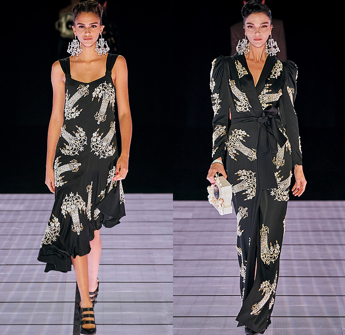 Moschino 2022-2023 Fall Autumn Winter Womens Runway Looks - Milan Fashion Week Italy - Victorian Furniture Dresser Grandfather Clock Frame Persian Rug Carpet Cage Vase Harp Utensils Silver Platter Door Drawer Faucet Handles Keys Keyhole Candlestick Chandelier Curtain Upholstery Sofa Shoji Screen Vines Strapless Gown Pencil Skirt Coat Velvet Jumpsuit Pantsuit Tiered Ruffles Ribbons Crystals Poufy Shoulders Wide Leg Bralette Bicycle Shorts Cape Fringes Flowers Floral Handbag Heels Boots