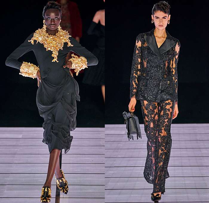 Moschino 2022-2023 Fall Autumn Winter Womens Runway Looks - Milan Fashion Week Italy - Victorian Furniture Dresser Grandfather Clock Frame Persian Rug Carpet Cage Vase Harp Utensils Silver Platter Door Drawer Faucet Handles Keys Keyhole Candlestick Chandelier Curtain Upholstery Sofa Shoji Screen Vines Strapless Gown Pencil Skirt Coat Velvet Jumpsuit Pantsuit Tiered Ruffles Ribbons Crystals Poufy Shoulders Wide Leg Bralette Bicycle Shorts Cape Fringes Flowers Floral Handbag Heels Boots