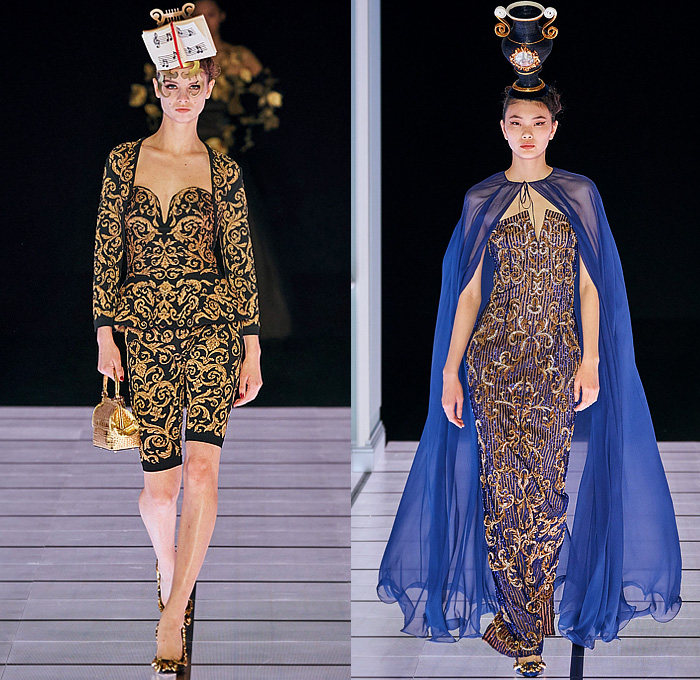 Moschino 2022-2023 Fall Autumn Winter Womens Runway Looks - Milan Fashion Week Italy - Victorian Furniture Dresser Grandfather Clock Frame Persian Rug Carpet Cage Vase Harp Utensils Silver Platter Door Drawer Faucet Handles Keys Keyhole Candlestick Chandelier Curtain Upholstery Sofa Shoji Screen Vines Strapless Gown Pencil Skirt Coat Velvet Jumpsuit Pantsuit Tiered Ruffles Ribbons Crystals Poufy Shoulders Wide Leg Bralette Bicycle Shorts Cape Fringes Flowers Floral Handbag Heels Boots