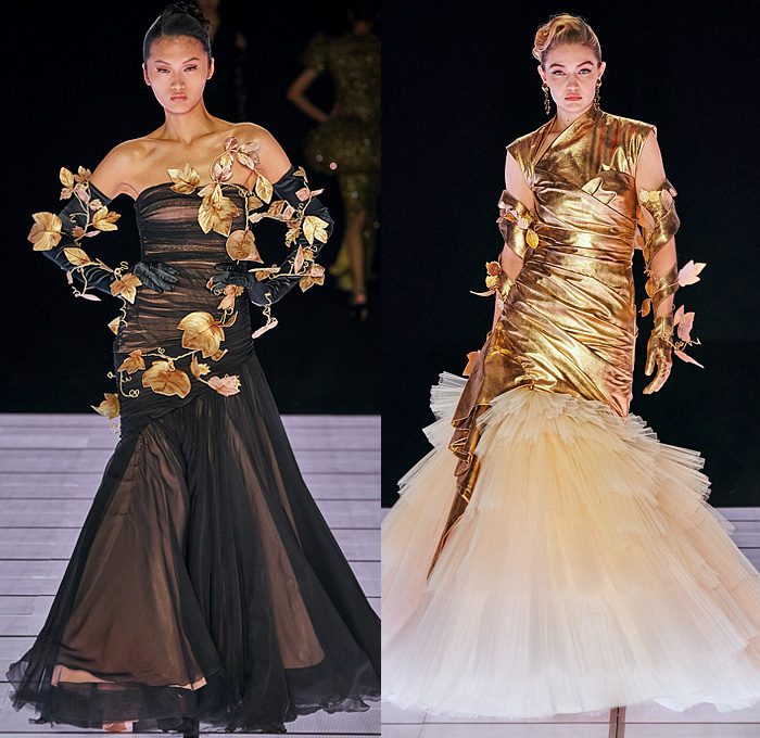 Moschino 2022-2023 Fall Autumn Winter Womens Runway Looks - Milan Fashion Week Italy - Victorian Furniture Dresser Grandfather Clock Frame Persian Rug Carpet Cage Vase Harp Utensils Silver Platter Door Drawer Faucet Handles Keys Keyhole Candlestick Chandelier Curtain Upholstery Sofa Shoji Screen Vines Strapless Gown Pencil Skirt Coat Velvet Jumpsuit Pantsuit Tiered Ruffles Ribbons Crystals Poufy Shoulders Wide Leg Bralette Bicycle Shorts Cape Fringes Flowers Floral Handbag Heels Boots