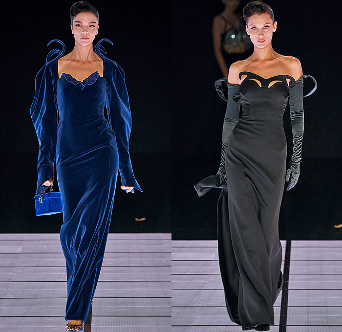 Moschino 2022-2023 Fall Autumn Winter Womens Runway Looks - Milan Fashion Week Italy - Victorian Furniture Dresser Grandfather Clock Frame Persian Rug Carpet Cage Vase Harp Utensils Silver Platter Door Drawer Faucet Handles Keys Keyhole Candlestick Chandelier Curtain Upholstery Sofa Shoji Screen Vines Strapless Gown Pencil Skirt Coat Velvet Jumpsuit Pantsuit Tiered Ruffles Ribbons Crystals Poufy Shoulders Wide Leg Bralette Bicycle Shorts Cape Fringes Flowers Floral Handbag Heels Boots