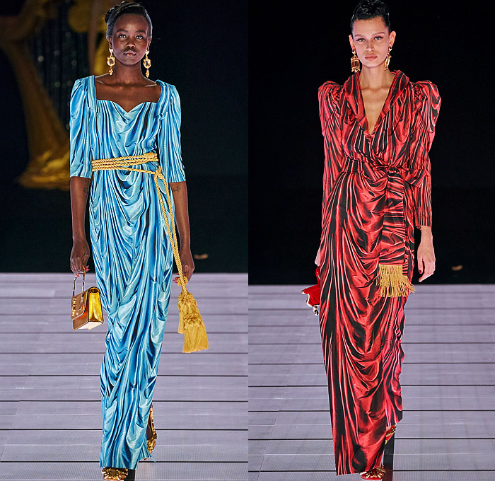 Moschino 2022-2023 Fall Autumn Winter Womens Runway Looks - Milan Fashion Week Italy - Victorian Furniture Dresser Grandfather Clock Frame Persian Rug Carpet Cage Vase Harp Utensils Silver Platter Door Drawer Faucet Handles Keys Keyhole Candlestick Chandelier Curtain Upholstery Sofa Shoji Screen Vines Strapless Gown Pencil Skirt Coat Velvet Jumpsuit Pantsuit Tiered Ruffles Ribbons Crystals Poufy Shoulders Wide Leg Bralette Bicycle Shorts Cape Fringes Flowers Floral Handbag Heels Boots