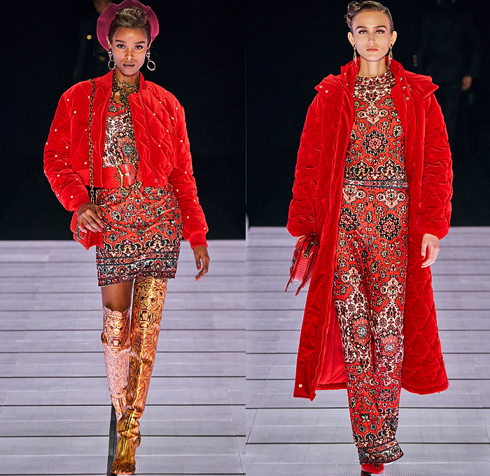 Moschino 2022-2023 Fall Autumn Winter Womens Runway Looks - Milan Fashion Week Italy - Victorian Furniture Dresser Grandfather Clock Frame Persian Rug Carpet Cage Vase Harp Utensils Silver Platter Door Drawer Faucet Handles Keys Keyhole Candlestick Chandelier Curtain Upholstery Sofa Shoji Screen Vines Strapless Gown Pencil Skirt Coat Velvet Jumpsuit Pantsuit Tiered Ruffles Ribbons Crystals Poufy Shoulders Wide Leg Bralette Bicycle Shorts Cape Fringes Flowers Floral Handbag Heels Boots