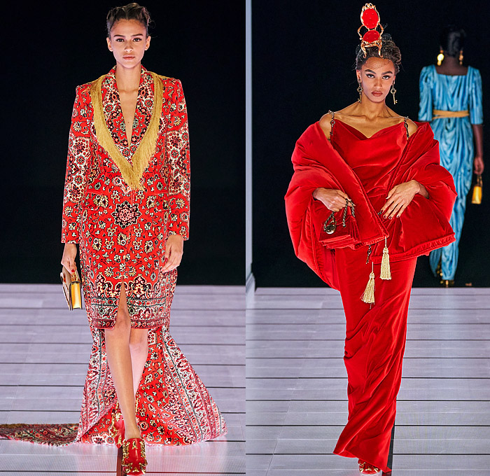 Moschino 2022-2023 Fall Autumn Winter Womens Runway Looks - Milan Fashion Week Italy - Victorian Furniture Dresser Grandfather Clock Frame Persian Rug Carpet Cage Vase Harp Utensils Silver Platter Door Drawer Faucet Handles Keys Keyhole Candlestick Chandelier Curtain Upholstery Sofa Shoji Screen Vines Strapless Gown Pencil Skirt Coat Velvet Jumpsuit Pantsuit Tiered Ruffles Ribbons Crystals Poufy Shoulders Wide Leg Bralette Bicycle Shorts Cape Fringes Flowers Floral Handbag Heels Boots