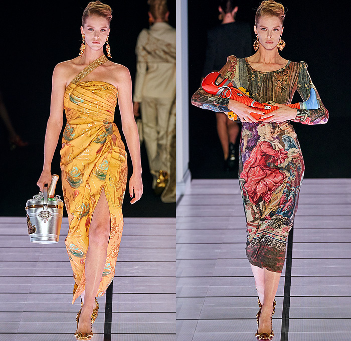 Moschino 2022-2023 Fall Autumn Winter Womens Runway Looks - Milan Fashion Week Italy - Victorian Furniture Dresser Grandfather Clock Frame Persian Rug Carpet Cage Vase Harp Utensils Silver Platter Door Drawer Faucet Handles Keys Keyhole Candlestick Chandelier Curtain Upholstery Sofa Shoji Screen Vines Strapless Gown Pencil Skirt Coat Velvet Jumpsuit Pantsuit Tiered Ruffles Ribbons Crystals Poufy Shoulders Wide Leg Bralette Bicycle Shorts Cape Fringes Flowers Floral Handbag Heels Boots