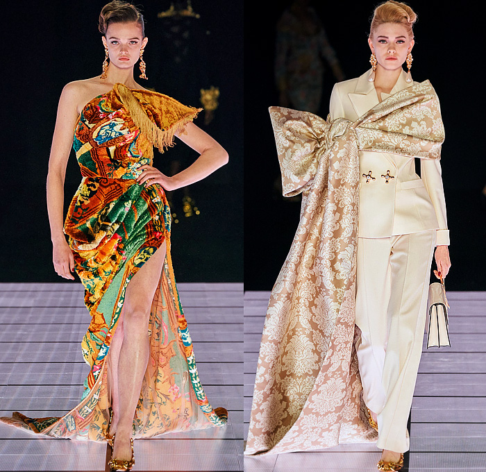 Moschino 2022-2023 Fall Autumn Winter Womens Runway Looks - Milan Fashion Week Italy - Victorian Furniture Dresser Grandfather Clock Frame Persian Rug Carpet Cage Vase Harp Utensils Silver Platter Door Drawer Faucet Handles Keys Keyhole Candlestick Chandelier Curtain Upholstery Sofa Shoji Screen Vines Strapless Gown Pencil Skirt Coat Velvet Jumpsuit Pantsuit Tiered Ruffles Ribbons Crystals Poufy Shoulders Wide Leg Bralette Bicycle Shorts Cape Fringes Flowers Floral Handbag Heels Boots