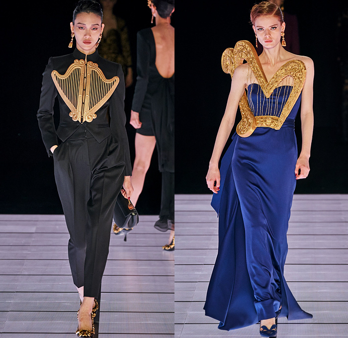 Moschino 2022-2023 Fall Autumn Winter Womens Runway Looks - Milan Fashion Week Italy - Victorian Furniture Dresser Grandfather Clock Frame Persian Rug Carpet Cage Vase Harp Utensils Silver Platter Door Drawer Faucet Handles Keys Keyhole Candlestick Chandelier Curtain Upholstery Sofa Shoji Screen Vines Strapless Gown Pencil Skirt Coat Velvet Jumpsuit Pantsuit Tiered Ruffles Ribbons Crystals Poufy Shoulders Wide Leg Bralette Bicycle Shorts Cape Fringes Flowers Floral Handbag Heels Boots