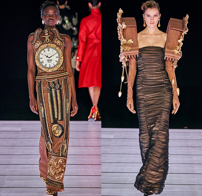 Moschino 2022-2023 Fall Autumn Winter Womens Runway Looks - Milan Fashion Week Italy - Victorian Furniture Dresser Grandfather Clock Frame Persian Rug Carpet Cage Vase Harp Utensils Silver Platter Door Drawer Faucet Handles Keys Keyhole Candlestick Chandelier Curtain Upholstery Sofa Shoji Screen Vines Strapless Gown Pencil Skirt Coat Velvet Jumpsuit Pantsuit Tiered Ruffles Ribbons Crystals Poufy Shoulders Wide Leg Bralette Bicycle Shorts Cape Fringes Flowers Floral Handbag Heels Boots