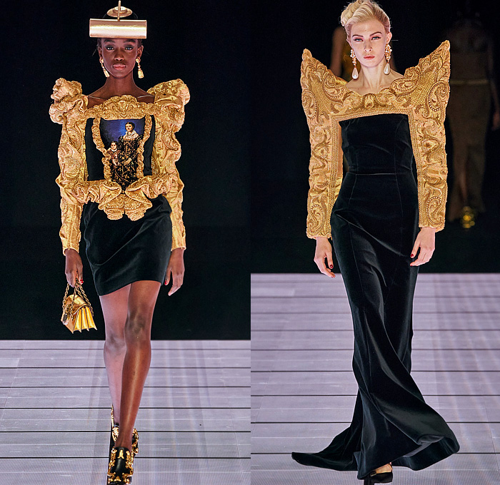 Moschino 2022-2023 Fall Autumn Winter Womens Runway Looks - Milan Fashion Week Italy - Victorian Furniture Dresser Grandfather Clock Frame Persian Rug Carpet Cage Vase Harp Utensils Silver Platter Door Drawer Faucet Handles Keys Keyhole Candlestick Chandelier Curtain Upholstery Sofa Shoji Screen Vines Strapless Gown Pencil Skirt Coat Velvet Jumpsuit Pantsuit Tiered Ruffles Ribbons Crystals Poufy Shoulders Wide Leg Bralette Bicycle Shorts Cape Fringes Flowers Floral Handbag Heels Boots