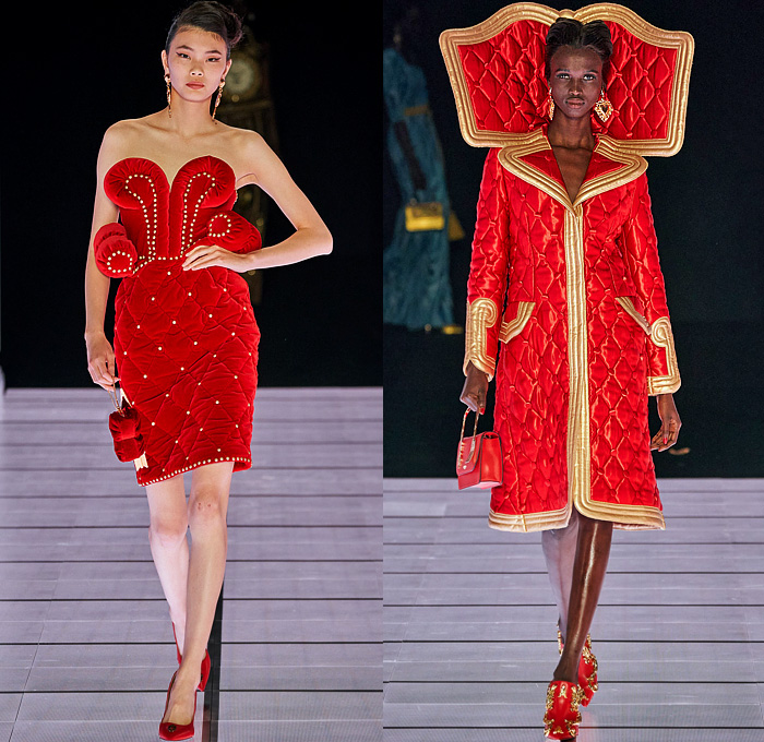 Moschino 2022-2023 Fall Autumn Winter Womens Runway Looks - Milan Fashion Week Italy - Victorian Furniture Dresser Grandfather Clock Frame Persian Rug Carpet Cage Vase Harp Utensils Silver Platter Door Drawer Faucet Handles Keys Keyhole Candlestick Chandelier Curtain Upholstery Sofa Shoji Screen Vines Strapless Gown Pencil Skirt Coat Velvet Jumpsuit Pantsuit Tiered Ruffles Ribbons Crystals Poufy Shoulders Wide Leg Bralette Bicycle Shorts Cape Fringes Flowers Floral Handbag Heels Boots