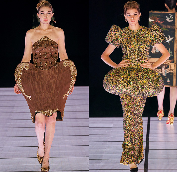 Moschino 2022-2023 Fall Autumn Winter Womens Runway Looks - Milan Fashion Week Italy - Victorian Furniture Dresser Grandfather Clock Frame Persian Rug Carpet Cage Vase Harp Utensils Silver Platter Door Drawer Faucet Handles Keys Keyhole Candlestick Chandelier Curtain Upholstery Sofa Shoji Screen Vines Strapless Gown Pencil Skirt Coat Velvet Jumpsuit Pantsuit Tiered Ruffles Ribbons Crystals Poufy Shoulders Wide Leg Bralette Bicycle Shorts Cape Fringes Flowers Floral Handbag Heels Boots