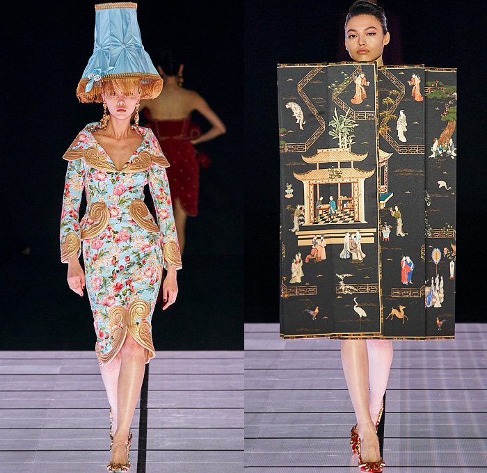 Moschino 2022-2023 Fall Autumn Winter Womens Runway Looks - Milan Fashion Week Italy - Victorian Furniture Dresser Grandfather Clock Frame Persian Rug Carpet Cage Vase Harp Utensils Silver Platter Door Drawer Faucet Handles Keys Keyhole Candlestick Chandelier Curtain Upholstery Sofa Shoji Screen Vines Strapless Gown Pencil Skirt Coat Velvet Jumpsuit Pantsuit Tiered Ruffles Ribbons Crystals Poufy Shoulders Wide Leg Bralette Bicycle Shorts Cape Fringes Flowers Floral Handbag Heels Boots