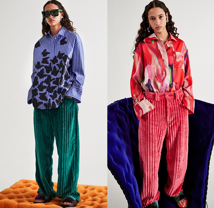 MSGM 2022 Pre-Fall Autumn Womens Lookbook Presentation - Il Rumore Del Tempo 1990s Nineties Grunge Knit Turtleneck Sweater Houndstooth Flowers Floral Watercolor Fur Crop Top Midriff Halterneck Tweed Blazer Jacket Pantsuit Studs Crystals Stripes Blouse Shirt Corduroy Coat Cutout Pleats Wrapped Dress Ruffles Mushrooms Quilted Puffer Hoodie Sweatshirt Fleece Denim Jeans Culottes Wide Leg Butterflies Midi Skirt Cargo Pants Leggings Tights Boots Trapezoid Handbag 