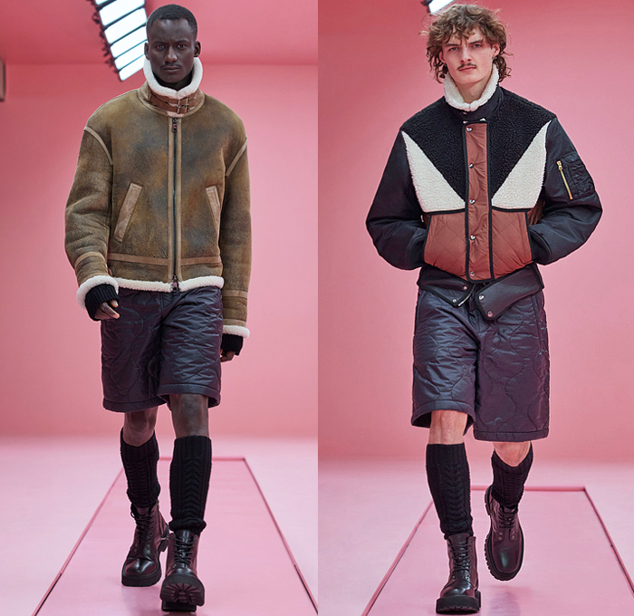 Neil Barrett 2022-2023 Fall Autumn Winter Mens Lookbook Presentation - Milano Moda Uomo Milan Fashion Week Mens -  Eye See Military Officer Uniform Cargo Utility Pockets Studs Rivets Knit Ribbed Vest Sweater Wide Band Quilted Puffer Coat Bomber Jacket Coat Fur Shearling Fleece Wool Kraplap Breastcloth Corduroy Patchwork Denim Jeans Acid Wash Stains Resist Dyeing Tie-Dye Shorts Wide Leg Slouchy Harness Belt Bag Fanny Pack Pouch Boots