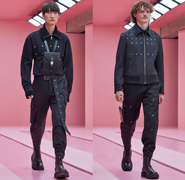 Neil Barrett 2022-2023 Fall Autumn Winter Mens Lookbook Presentation - Milano Moda Uomo Milan Fashion Week Mens -  Eye See Military Officer Uniform Cargo Utility Pockets Studs Rivets Knit Ribbed Vest Sweater Wide Band Quilted Puffer Coat Bomber Jacket Coat Fur Shearling Fleece Wool Kraplap Breastcloth Corduroy Patchwork Denim Jeans Acid Wash Stains Resist Dyeing Tie-Dye Shorts Wide Leg Slouchy Harness Belt Bag Fanny Pack Pouch Boots