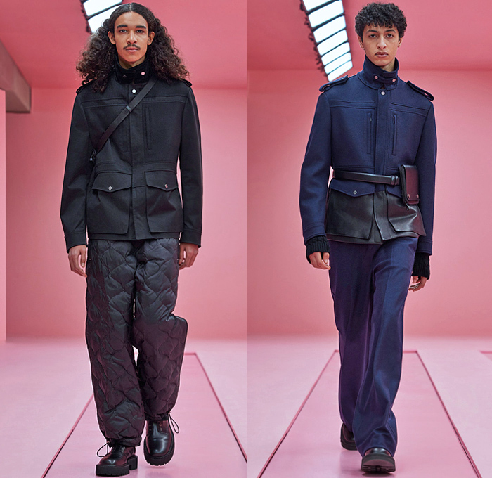 Neil Barrett 2022-2023 Fall Autumn Winter Mens Lookbook Presentation - Milano Moda Uomo Milan Fashion Week Mens -  Eye See Military Officer Uniform Cargo Utility Pockets Studs Rivets Knit Ribbed Vest Sweater Wide Band Quilted Puffer Coat Bomber Jacket Coat Fur Shearling Fleece Wool Kraplap Breastcloth Corduroy Patchwork Denim Jeans Acid Wash Stains Resist Dyeing Tie-Dye Shorts Wide Leg Slouchy Harness Belt Bag Fanny Pack Pouch Boots