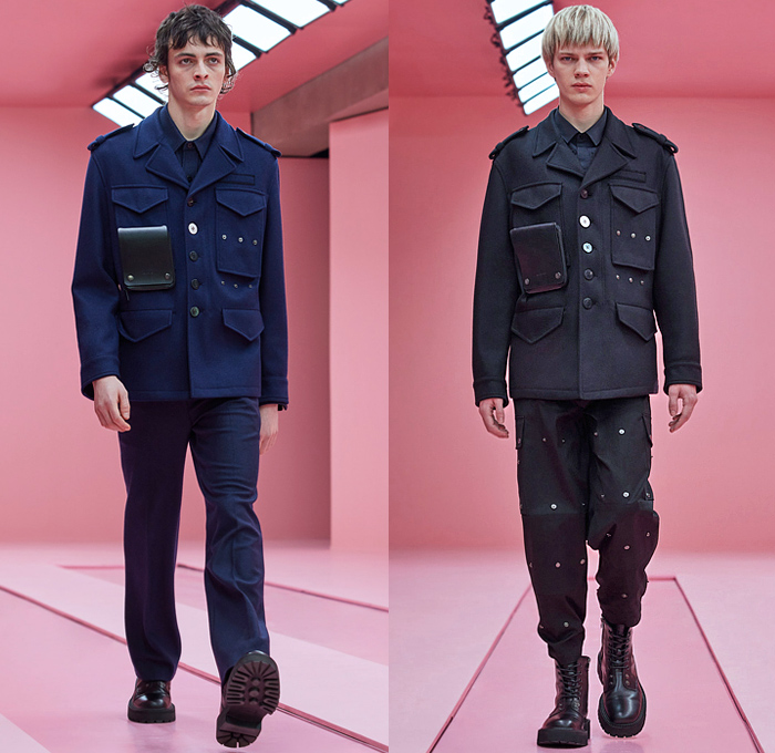 Neil Barrett 2022-2023 Fall Autumn Winter Mens Lookbook Presentation - Milano Moda Uomo Milan Fashion Week Mens -  Eye See Military Officer Uniform Cargo Utility Pockets Studs Rivets Knit Ribbed Vest Sweater Wide Band Quilted Puffer Coat Bomber Jacket Coat Fur Shearling Fleece Wool Kraplap Breastcloth Corduroy Patchwork Denim Jeans Acid Wash Stains Resist Dyeing Tie-Dye Shorts Wide Leg Slouchy Harness Belt Bag Fanny Pack Pouch Boots