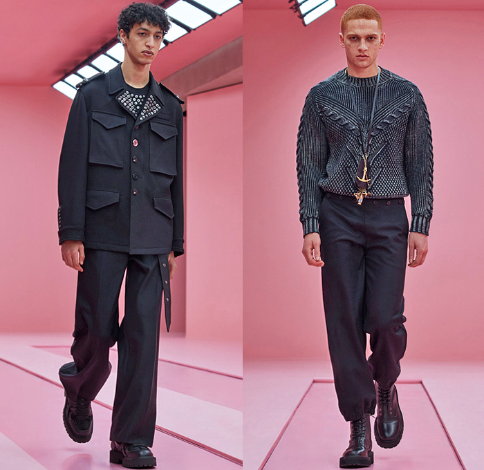 Neil Barrett 2022-2023 Fall Autumn Winter Mens Lookbook Presentation - Milano Moda Uomo Milan Fashion Week Mens -  Eye See Military Officer Uniform Cargo Utility Pockets Studs Rivets Knit Ribbed Vest Sweater Wide Band Quilted Puffer Coat Bomber Jacket Coat Fur Shearling Fleece Wool Kraplap Breastcloth Corduroy Patchwork Denim Jeans Acid Wash Stains Resist Dyeing Tie-Dye Shorts Wide Leg Slouchy Harness Belt Bag Fanny Pack Pouch Boots