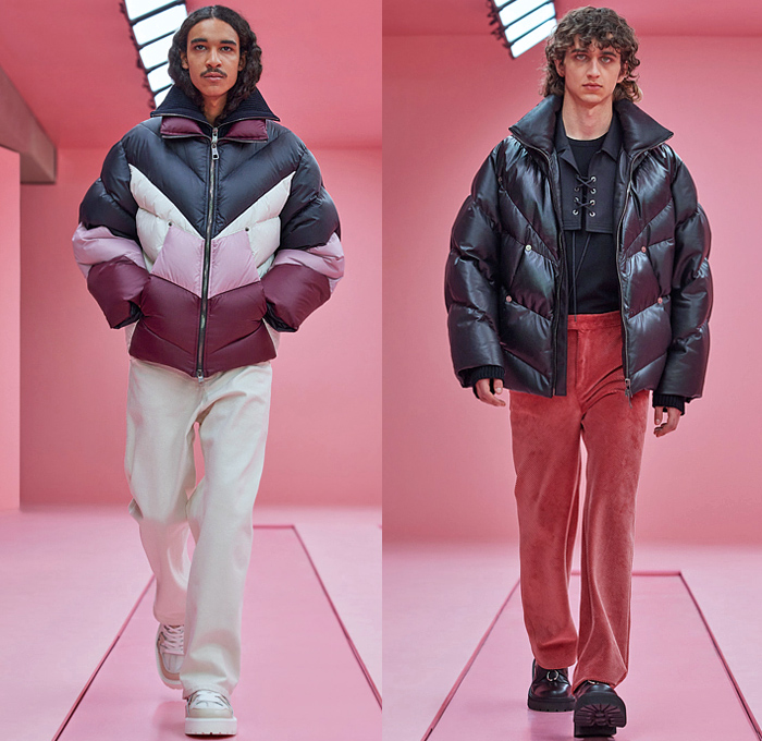 Neil Barrett 2022-2023 Fall Autumn Winter Mens Lookbook Presentation - Milano Moda Uomo Milan Fashion Week Mens -  Eye See Military Officer Uniform Cargo Utility Pockets Studs Rivets Knit Ribbed Vest Sweater Wide Band Quilted Puffer Coat Bomber Jacket Coat Fur Shearling Fleece Wool Kraplap Breastcloth Corduroy Patchwork Denim Jeans Acid Wash Stains Resist Dyeing Tie-Dye Shorts Wide Leg Slouchy Harness Belt Bag Fanny Pack Pouch Boots