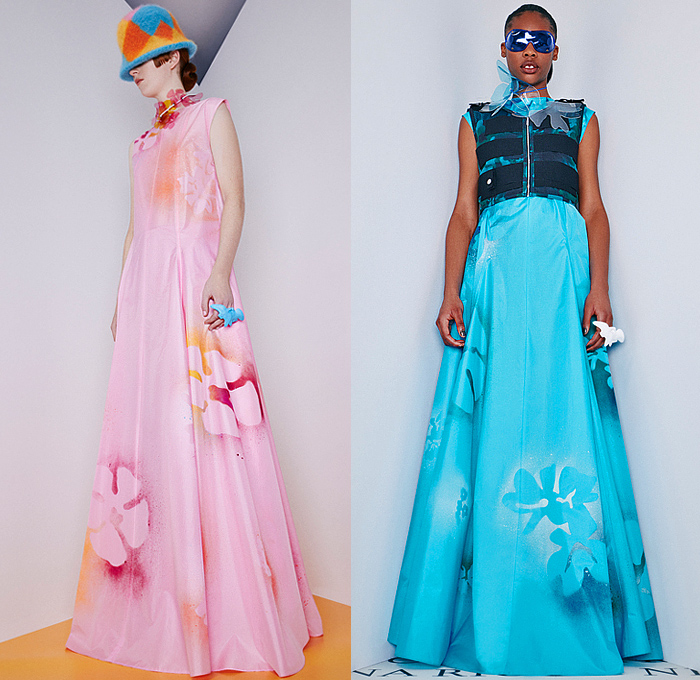 Nina Ricci 2022-2023 Fall Autumn Winter Womens Lookbook Presentation - Paris Fashion Week Femme PFW - Plastic Bucket Hat Knit Turtleneck Sweater Colorful Check Hotpants Spray Paint Flowers Floral Dress Sleeveless Vest Gilet Straps Mesh Ruffles Sheer Tulle Crosshatch Weave Wide Leg Palazzo Pants Blazer Jacket Miniskirt Gloves Crop Top Midriff Pantsuit Outerwear Coat Overcoat Quilted Puffer Cape Capelet Poncho Cloak Handbag Wedge Boots