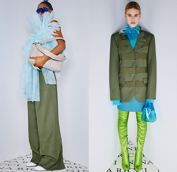 Nina Ricci 2022-2023 Fall Autumn Winter Womens Lookbook Presentation - Paris Fashion Week Femme PFW - Plastic Bucket Hat Knit Turtleneck Sweater Colorful Check Hotpants Spray Paint Flowers Floral Dress Sleeveless Vest Gilet Straps Mesh Ruffles Sheer Tulle Crosshatch Weave Wide Leg Palazzo Pants Blazer Jacket Miniskirt Gloves Crop Top Midriff Pantsuit Outerwear Coat Overcoat Quilted Puffer Cape Capelet Poncho Cloak Handbag Wedge Boots