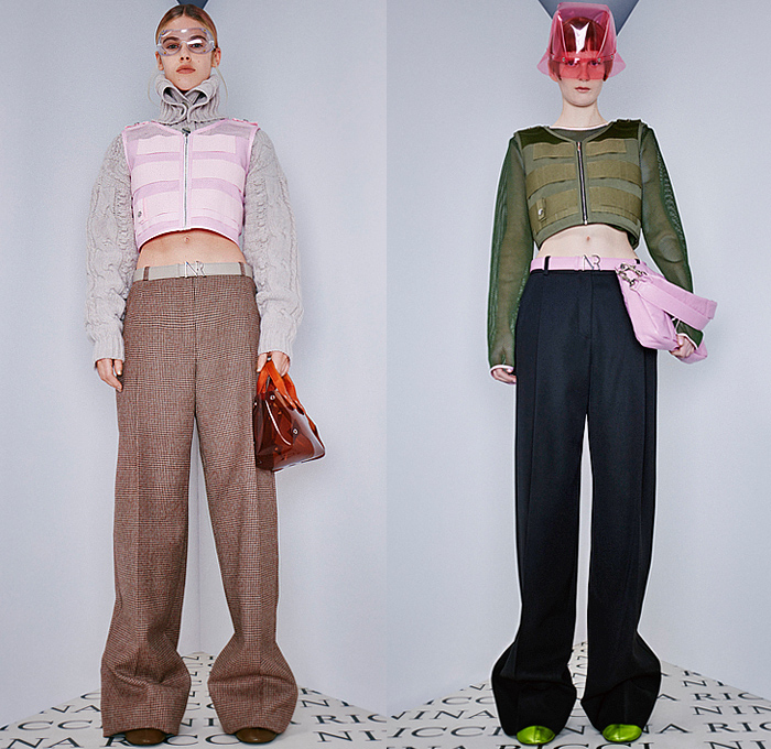 Nina Ricci 2022-2023 Fall Autumn Winter Womens Lookbook Presentation - Paris Fashion Week Femme PFW - Plastic Bucket Hat Knit Turtleneck Sweater Colorful Check Hotpants Spray Paint Flowers Floral Dress Sleeveless Vest Gilet Straps Mesh Ruffles Sheer Tulle Crosshatch Weave Wide Leg Palazzo Pants Blazer Jacket Miniskirt Gloves Crop Top Midriff Pantsuit Outerwear Coat Overcoat Quilted Puffer Cape Capelet Poncho Cloak Handbag Wedge Boots