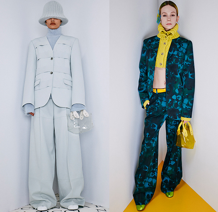 Nina Ricci 2022-2023 Fall Autumn Winter Womens Lookbook Presentation - Paris Fashion Week Femme PFW - Plastic Bucket Hat Knit Turtleneck Sweater Colorful Check Hotpants Spray Paint Flowers Floral Dress Sleeveless Vest Gilet Straps Mesh Ruffles Sheer Tulle Crosshatch Weave Wide Leg Palazzo Pants Blazer Jacket Miniskirt Gloves Crop Top Midriff Pantsuit Outerwear Coat Overcoat Quilted Puffer Cape Capelet Poncho Cloak Handbag Wedge Boots