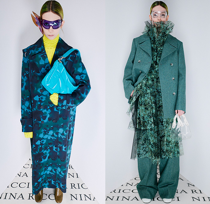 Nina Ricci 2022-2023 Fall Autumn Winter Womens Lookbook Presentation - Paris Fashion Week Femme PFW - Plastic Bucket Hat Knit Turtleneck Sweater Colorful Check Hotpants Spray Paint Flowers Floral Dress Sleeveless Vest Gilet Straps Mesh Ruffles Sheer Tulle Crosshatch Weave Wide Leg Palazzo Pants Blazer Jacket Miniskirt Gloves Crop Top Midriff Pantsuit Outerwear Coat Overcoat Quilted Puffer Cape Capelet Poncho Cloak Handbag Wedge Boots