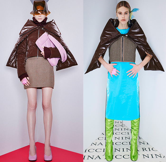 Nina Ricci 2022-2023 Fall Autumn Winter Womens Lookbook Presentation - Paris Fashion Week Femme PFW - Plastic Bucket Hat Knit Turtleneck Sweater Colorful Check Hotpants Spray Paint Flowers Floral Dress Sleeveless Vest Gilet Straps Mesh Ruffles Sheer Tulle Crosshatch Weave Wide Leg Palazzo Pants Blazer Jacket Miniskirt Gloves Crop Top Midriff Pantsuit Outerwear Coat Overcoat Quilted Puffer Cape Capelet Poncho Cloak Handbag Wedge Boots