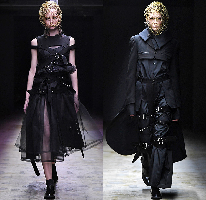 Noir Kei Ninomiya 2022-2023 Fall Autumn Winter Womens Runway Catwalk Looks - Paris Fashion Week Femme PFW - Fluorescent Neon Pink Green Yellow Organic Phosphorescent Sculpture Headwear Prismatic Spikes Wires Mask Chainmail Scales Belts Straps Harness Zipper Deconstructed Tiered Ruffles Sheer Tulle Tutu Skirt Dress Outerwear Coat Crop Top Midriff Detachable Sleeves Flowers Floral Blouse Long Sleeve Mesh Fishnet Fringes Pearls Safety Pins Puff Ball Bush Cocoon Gloves Oxfords