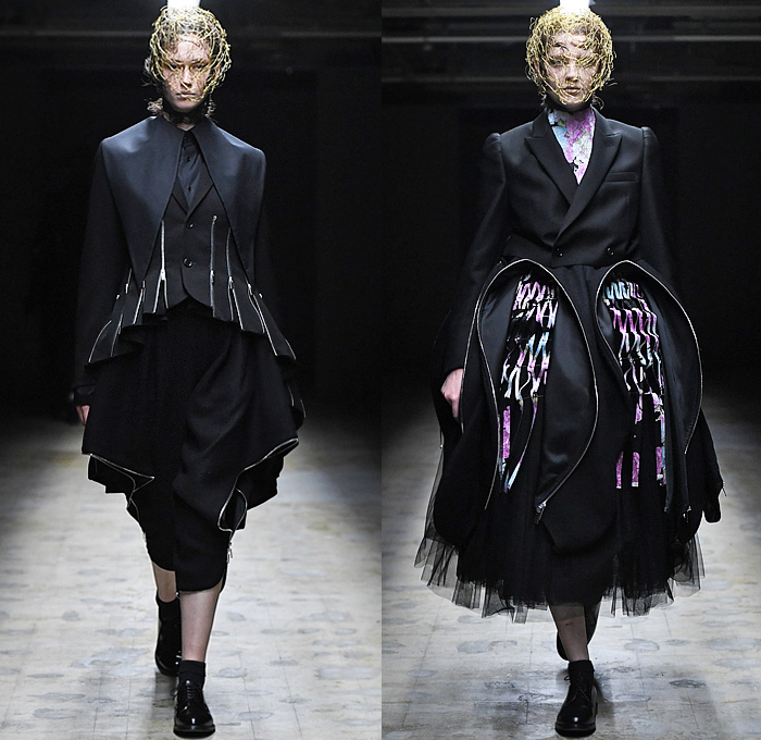 Noir Kei Ninomiya 2022-2023 Fall Autumn Winter Womens Runway Catwalk Looks - Paris Fashion Week Femme PFW - Fluorescent Neon Pink Green Yellow Organic Phosphorescent Sculpture Headwear Prismatic Spikes Wires Mask Chainmail Scales Belts Straps Harness Zipper Deconstructed Tiered Ruffles Sheer Tulle Tutu Skirt Dress Outerwear Coat Crop Top Midriff Detachable Sleeves Flowers Floral Blouse Long Sleeve Mesh Fishnet Fringes Pearls Safety Pins Puff Ball Bush Cocoon Gloves Oxfords