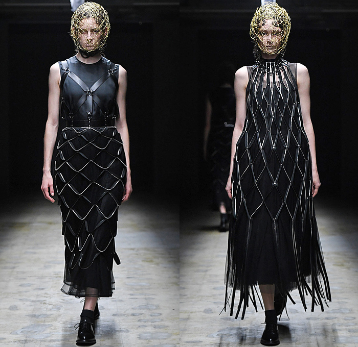 Noir Kei Ninomiya 2022-2023 Fall Autumn Winter Womens Runway Catwalk Looks - Paris Fashion Week Femme PFW - Fluorescent Neon Pink Green Yellow Organic Phosphorescent Sculpture Headwear Prismatic Spikes Wires Mask Chainmail Scales Belts Straps Harness Zipper Deconstructed Tiered Ruffles Sheer Tulle Tutu Skirt Dress Outerwear Coat Crop Top Midriff Detachable Sleeves Flowers Floral Blouse Long Sleeve Mesh Fishnet Fringes Pearls Safety Pins Puff Ball Bush Cocoon Gloves Oxfords