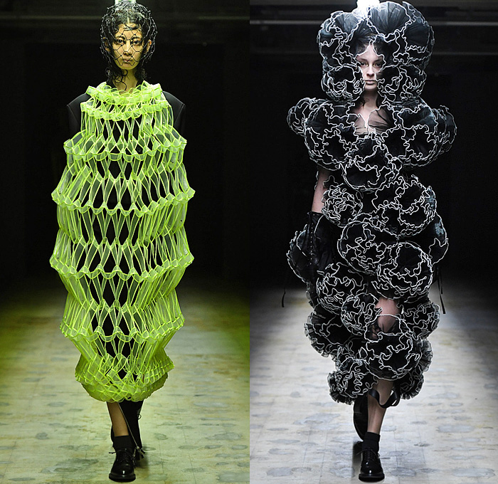 Noir Kei Ninomiya 2022-2023 Fall Autumn Winter Womens Runway Catwalk Looks - Paris Fashion Week Femme PFW - Fluorescent Neon Pink Green Yellow Organic Phosphorescent Sculpture Headwear Prismatic Spikes Wires Mask Chainmail Scales Belts Straps Harness Zipper Deconstructed Tiered Ruffles Sheer Tulle Tutu Skirt Dress Outerwear Coat Crop Top Midriff Detachable Sleeves Flowers Floral Blouse Long Sleeve Mesh Fishnet Fringes Pearls Safety Pins Puff Ball Bush Cocoon Gloves Oxfords