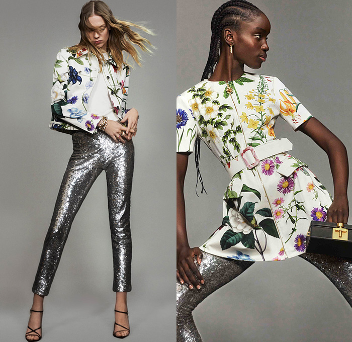 Oscar de la Renta 2022 Pre-Fall Autumn Womens Lookbook Presentation - Flowers Floral Bananas Leaves Foliage Fauna Coat Parka Hoodie Jacket Blazer Bedazzled Sequins Knit Cardigan Sweater Shorts Strapless Ruffles Houndstooth PVC Vinyl Crop Top Midriff Ombré Gradient Blouse Halterneck Cross Halter Top Bralette Patchwork Check Plaid Bows Ribbons Miniskirt Dress Gown Lantern Sleeves Stripes Rainbow Draped Sheer Tulle Noodle Strap Metal Silk Satin Cape Handbag