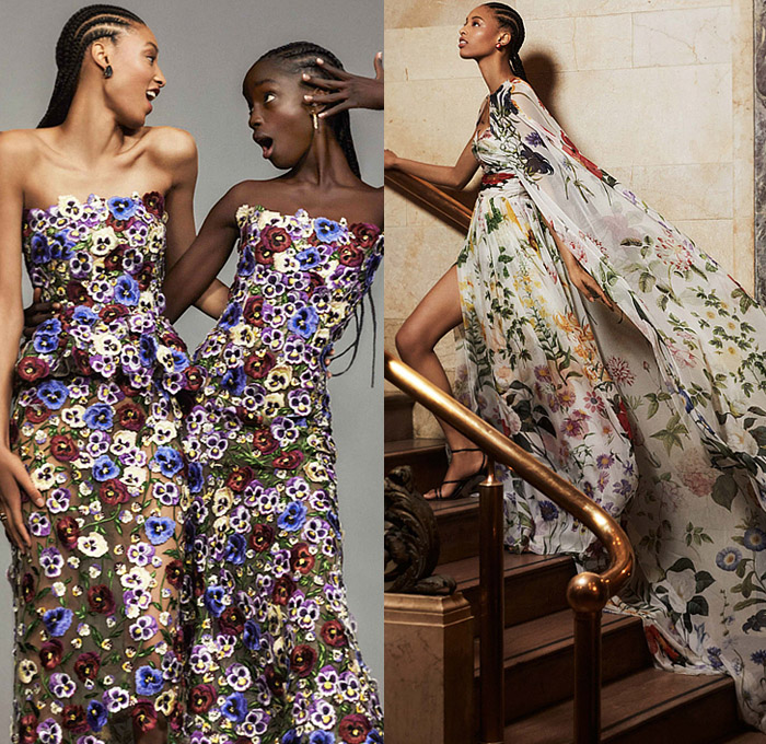 Oscar de la Renta 2022 Pre-Fall Autumn Womens Lookbook Presentation - Flowers Floral Bananas Leaves Foliage Fauna Coat Parka Hoodie Jacket Blazer Bedazzled Sequins Knit Cardigan Sweater Shorts Strapless Ruffles Houndstooth PVC Vinyl Crop Top Midriff Ombré Gradient Blouse Halterneck Cross Halter Top Bralette Patchwork Check Plaid Bows Ribbons Miniskirt Dress Gown Lantern Sleeves Stripes Rainbow Draped Sheer Tulle Noodle Strap Metal Silk Satin Cape Handbag