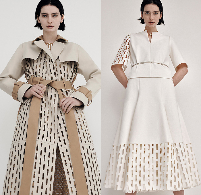 Partow 2022 Pre-Fall Autumn Womens Lookbook Presentation - Tessellation Rectangular Laser Cutout Holes Mesh Trench Coat Geometric Puff Sleeves Knit Sweater Stripes Saffron Arabian Blue Skirt Wide Leg Palazzo Pants Patchwork Pleats Noodle Strap Sleeveless Long Sleeve Shirt Blouse